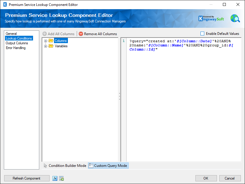 SSIS Premium Service Lookup component - Rest - Lookup Conditions - Custom Query Mode